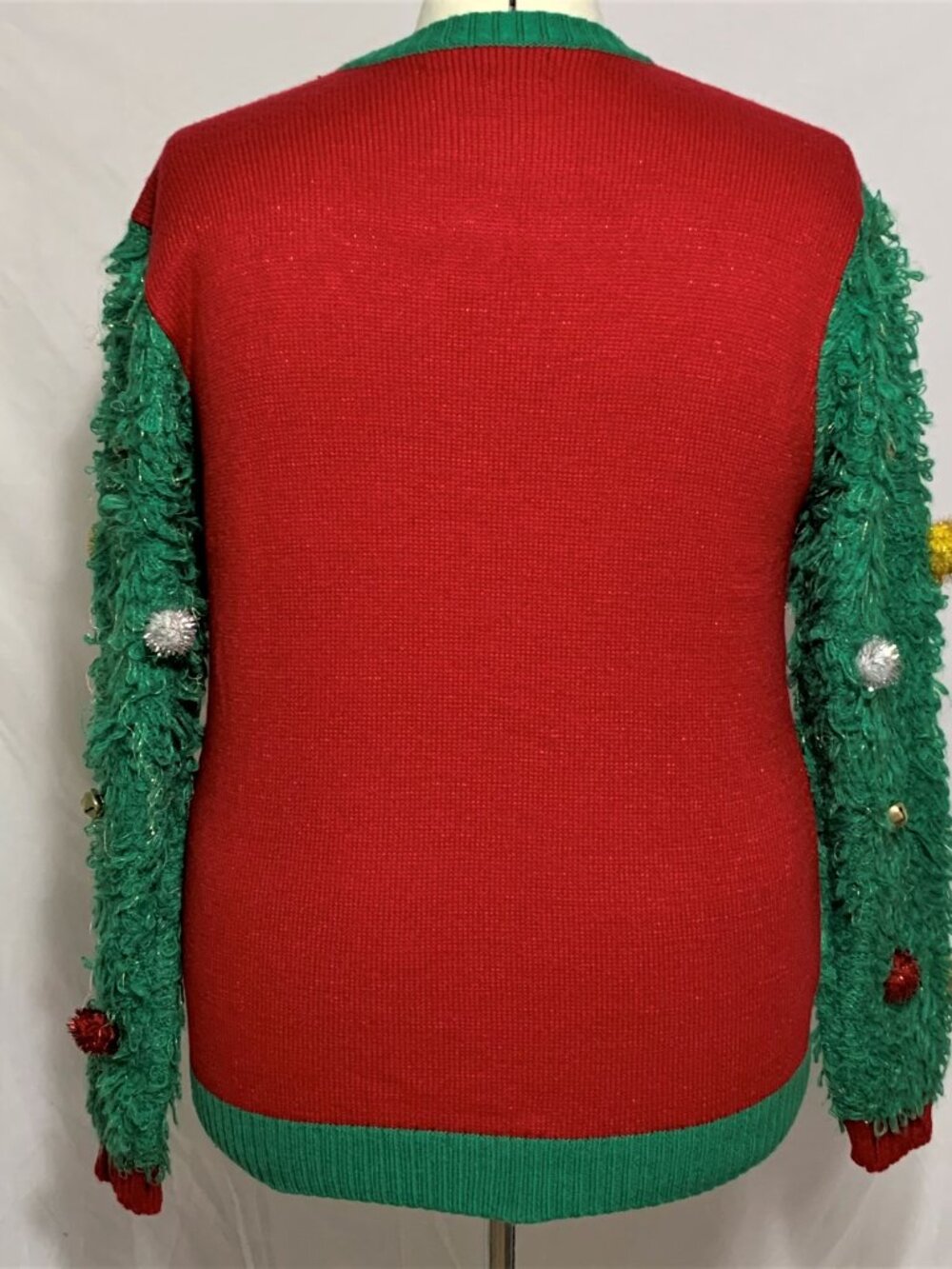 Ugly Christmas Sweater Fuzzy Tree Sleeves Bell Pompoms Green Red MENS Womens M - Picture 3 of 4